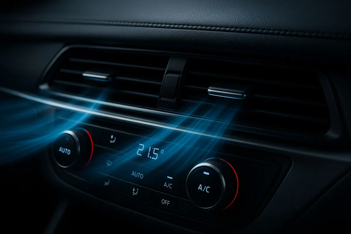 Professioneller Klimaservice im Auto: kühle, saubere Luft aus modernen Lüftungsdüsen mit digitaler Temperaturanzeige
